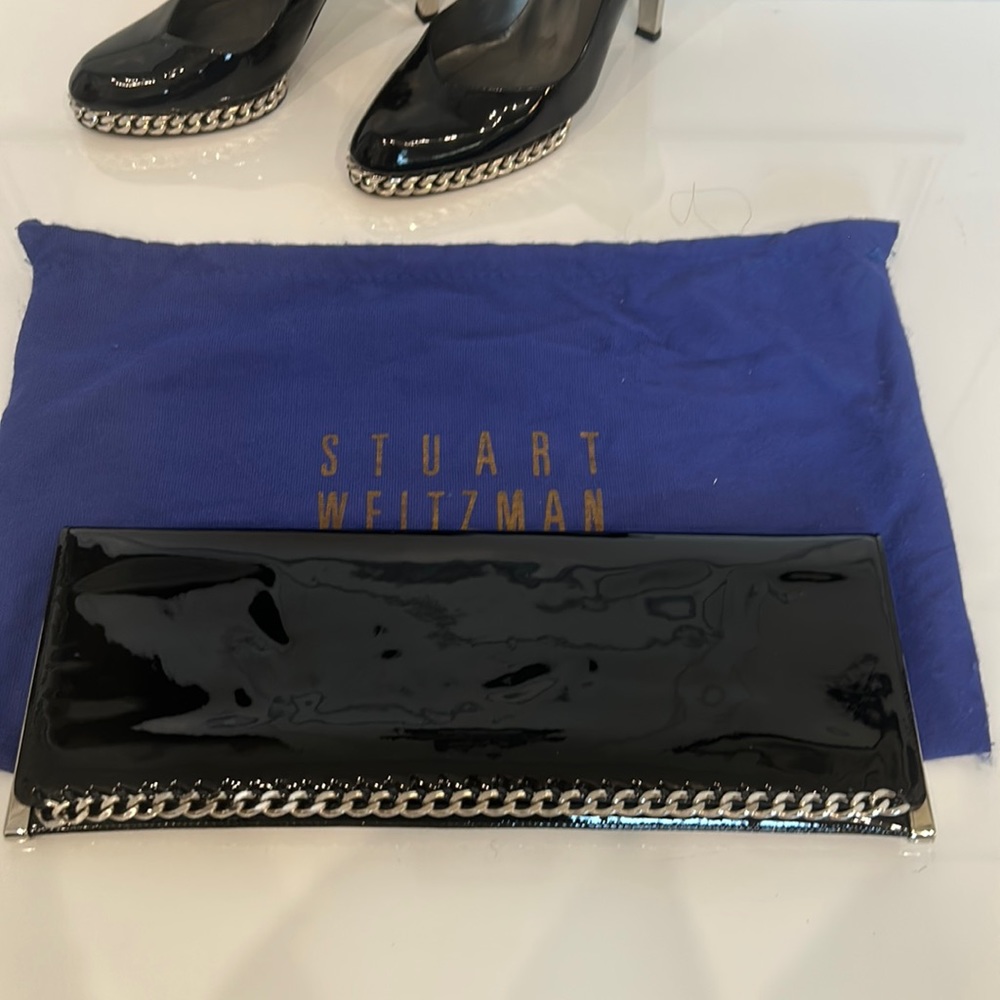 Stuart Weitzman Black Patent Clutch Purse with Silver Chain Detail